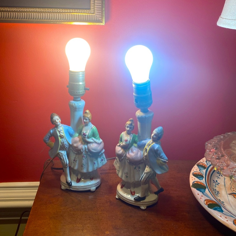 Vintage 40’s-50’s Boudoir lamps, porcelain Victorian figures made in Japan.